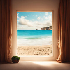 View through a large window to a beautiful sandy beach.