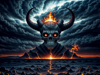 Gigantic skull mountain in hell with burning head and glowing eyes of fire, ominous swirling storm clouds and wasteland of nothing but hot lava.