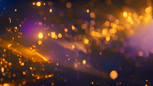 golden particles bokeh abstract background with shining gold Floating Dust Particles Flare star on Black Background in Slow Motion. Futuristic glittering fly movement flickering loop in space. Sparkle