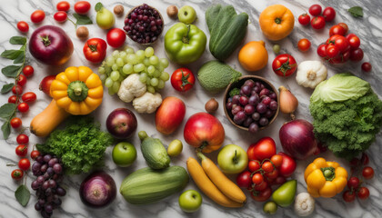 Top view of fresh harvest vegetables and fruits arranged on a marble background. Copy space