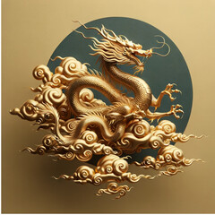 the minimalist realistic art illustrations of mythical gold dragons on a cloud, designed in a old traditional Chinese style and powerful  with a real gold background.