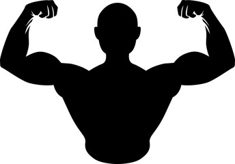 Muscular bodybuilder vector silhouette illustration isolated on transparent background. Body builder athlete showing muscles. - obrazy, fototapety, plakaty