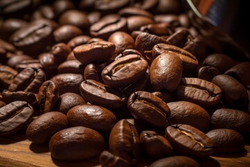 A Heap of Coffee Beans on a Wooden Table - obrazy, fototapety, plakaty