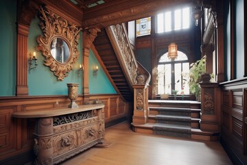 ornate tudor staircase with carved woodwork - obrazy, fototapety, plakaty