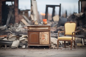 burnt furniture and possessions in front of a destroyed home