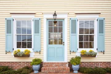 closeup of windows with shutters on brick cape cod house