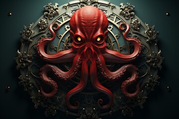 Red Octopus in Front of Clock - Timely Encounter With an Oceanic Creature