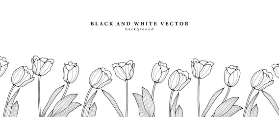 Black and white minimalistic background with tulip flowers. Floral background, wallpaper, cover design, postcard