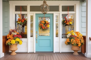 central front door with transom window, flower wreaths - obrazy, fototapety, plakaty