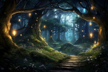 Illuminated Path in Enchanted Forest, A Magical Journey Through a Wonderland of Lights