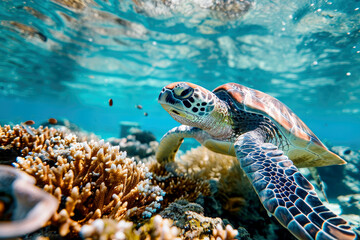 Naklejka na ściany i meble Sea turtle swims under water. Generative AI.