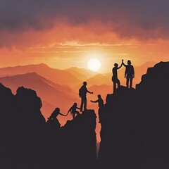 Team Achieves Heights Together in Majestic Mountain Sunset, Embodying Collaboration, Determination, and Shared Triumph.