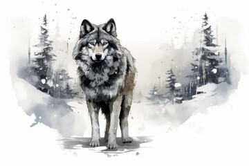Drawing of a Wolf Standing in the Snow