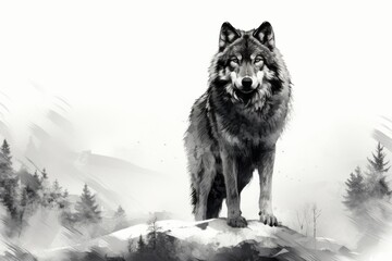 Wolf Standing on Snowy Hill, Majestic Wildlife in Winter Landscape