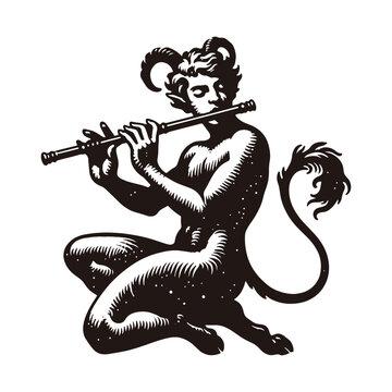 A young mythical satyr playing the flute. Vintage retro engraving illustration. Black icon, logo, label. isolated element. png