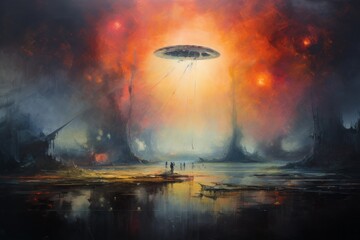 Spaceship Flying Over City, A Captivating Painting Depicting Futuristic Exploration