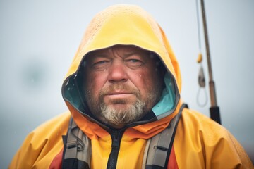fisherman in rain gear during a storm at sea