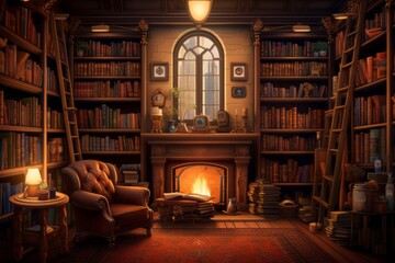 Cozy Library With Abundant Books and Fireplace for a Serene Reading Experience - obrazy, fototapety, plakaty