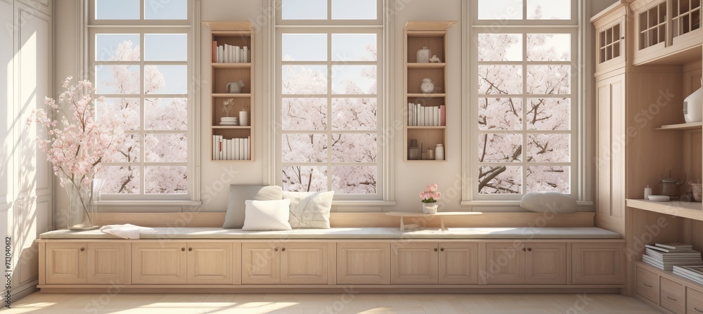 Wall mural Spacious and serene minimalist interior with sunlit big windows on a sunny spring morning