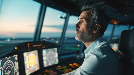 Portrait of a skilled air traffic controller managing flights in a control tower - obrazy, fototapety, plakaty