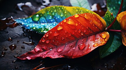 A vibrant portrayal of a wet leaf after rain, with bold colors 