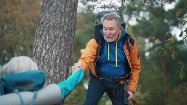 Senior couple hikers hike in mountains climbing over tree. Holding sticks for nordic walk. Tourists, man helps woman giving hand. Trekking carrying backpacks with equipment. Support, travel concept.