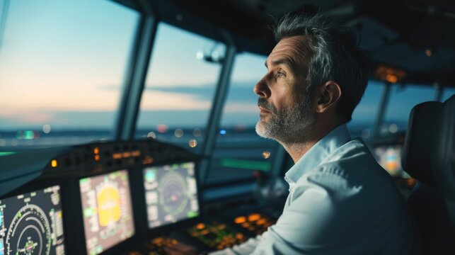 Portrait of a skilled air traffic controller managing flights in a control tower