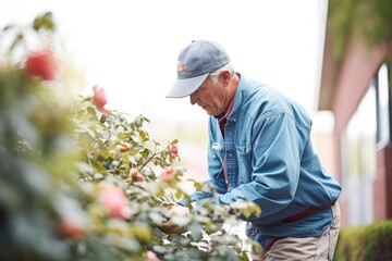 landscaping professional pruning a rose bush - obrazy, fototapety, plakaty