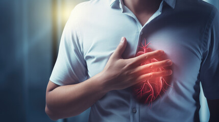 man pressing on chest with painful expression. chest pain from heart attack. healthcare concept