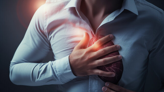 man pressing on chest with painful expression. chest pain from heart attack. healthcare concept
