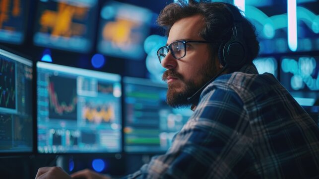 Portrait Of A Software Developer Immersed In Coding, Surrounded By Computer Screens