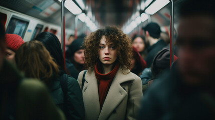 Train Life Chronicles: Woman in the Heart of the City Commute, Generative AI