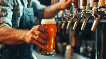Bartender holding a freshly tapped glass of beer in his hand.