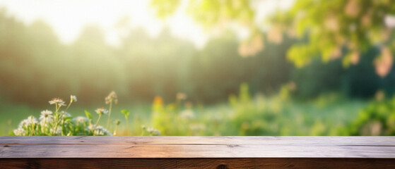 Wooden table spring nature bokeh background, empty wood desk product display mockup with green park sunny blurry abstract garden backdrop landscape ads showcase presentation. Mock up, copy space.