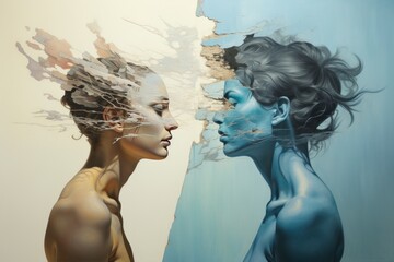 Painting of Two Women Facing Each Other, Classical Artwork With Powerful Artistic Depiction - obrazy, fototapety, plakaty
