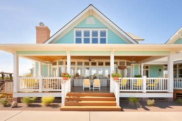 sunny beach house with wraparound porch and sea backdrop