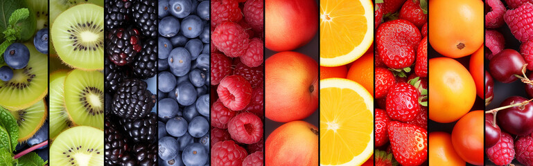 Collection of fruits and vegetables fruit collage background with berries and grapes. Variety of fruit arranged in squares. Assorted berries products collage divided by vertical lines 