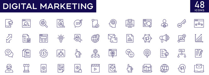 Digital marketing icons set with fully editable stroke thin line vector illustration with seo, content, online advertising, sales, social media, website, feedback, marketing, e-commerce, analysis