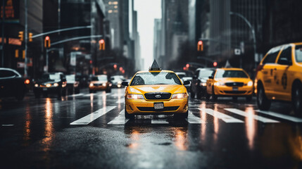Fototapeta na wymiar City Transit Pulse: Taxis in the Hustle of Downtown, Generative AI