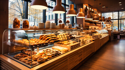 Bakery and Pastry Shop Interior with Fresh Dessert Display and Tempting Treats - obrazy, fototapety, plakaty