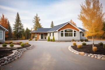 cottage with a winding gravel driveway lined with trees - obrazy, fototapety, plakaty