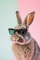 Easter bunny with sunglasses portrait on pastel copy space background. Generative AI