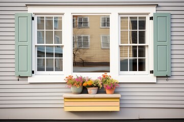 saltbox detail with shuttered windows and flower boxes