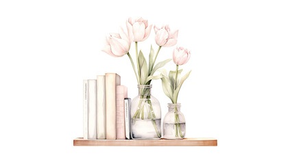 1 shelf with books glass vase of tulips lig