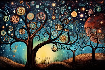 Tree Painting With Swirls and Stars, A Captivating Depiction of Nature and Celestial Beauty