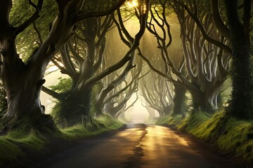 Famous Pathway Surrounded by Enchanting Trees in the Dark Hedges - obrazy, fototapety, plakaty