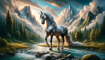 A majestic horse in a fantastic landscape - obrazy, fototapety, plakaty