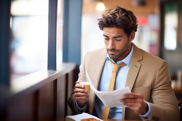 actor in modern attire reading lines with a costar in a cafe