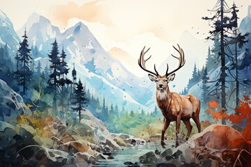 A Painting of a Deer in a Forest, Depicting a Serene Wildlife Scene