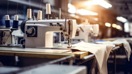 Fototapeta premium Close-up of the interior of a clothing and textile workshop. The workspace of a seamstress and a dressmaker. A garment factory on an industrial scale, a large clothing business.
